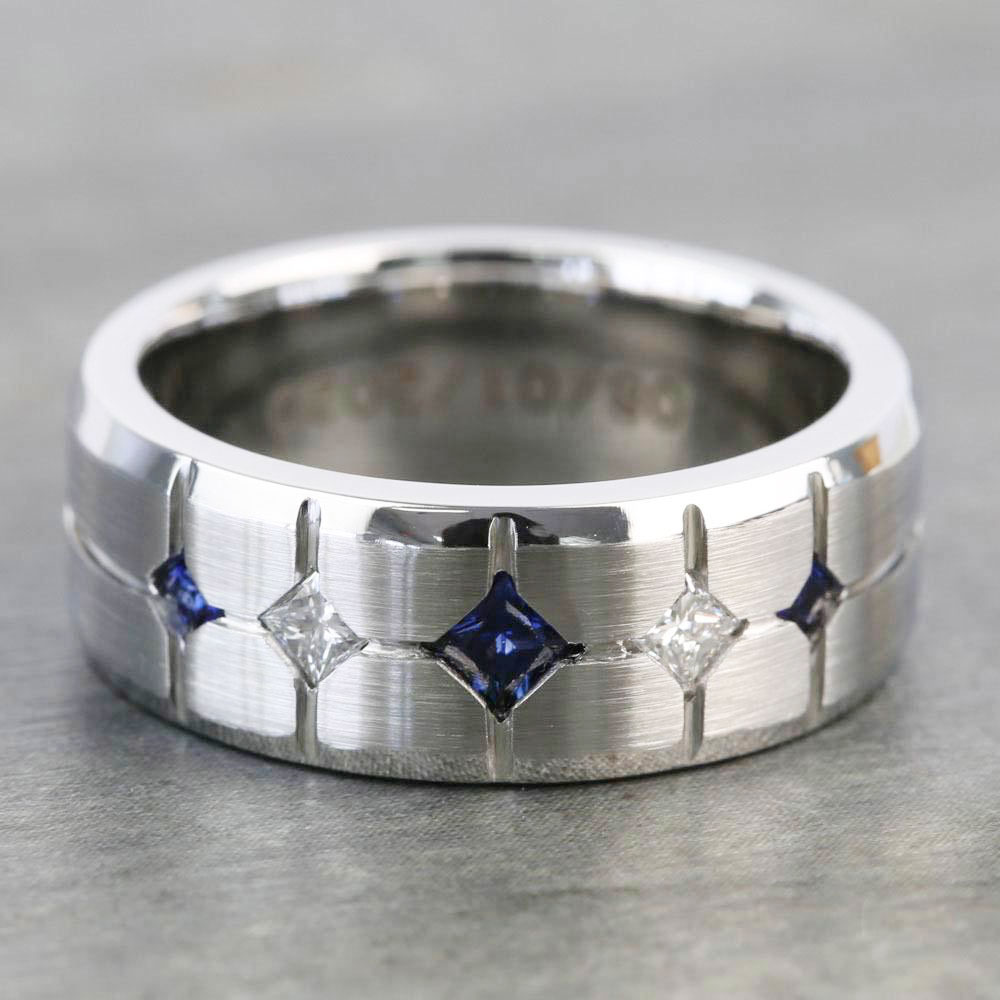 Men's Diamond And Sapphire Ring In Cobalt - Cross Cut