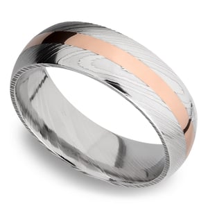 Rose Gold Inlay Mens Wedding Band In Damascus Steel