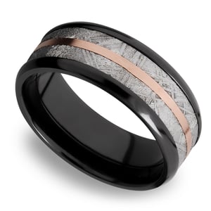 Zero Gravity - Zirconium Mens Ring with Meteorite and 14K Rose Gold (8mm)