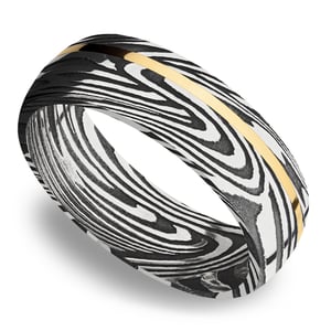 Damascus Steel Mens Ring With 14K Gold Inlay
