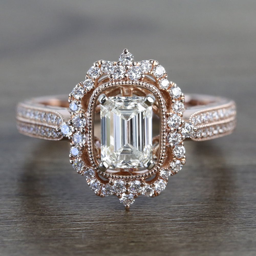 1 Carat Lab Grown Emerald Halo Antique Engagement Ring