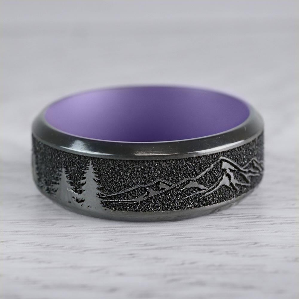Dragon's Peak - Laser Carved Zirconium Mens Band with Purple Sleeve (8mm) | Thumbnail 04