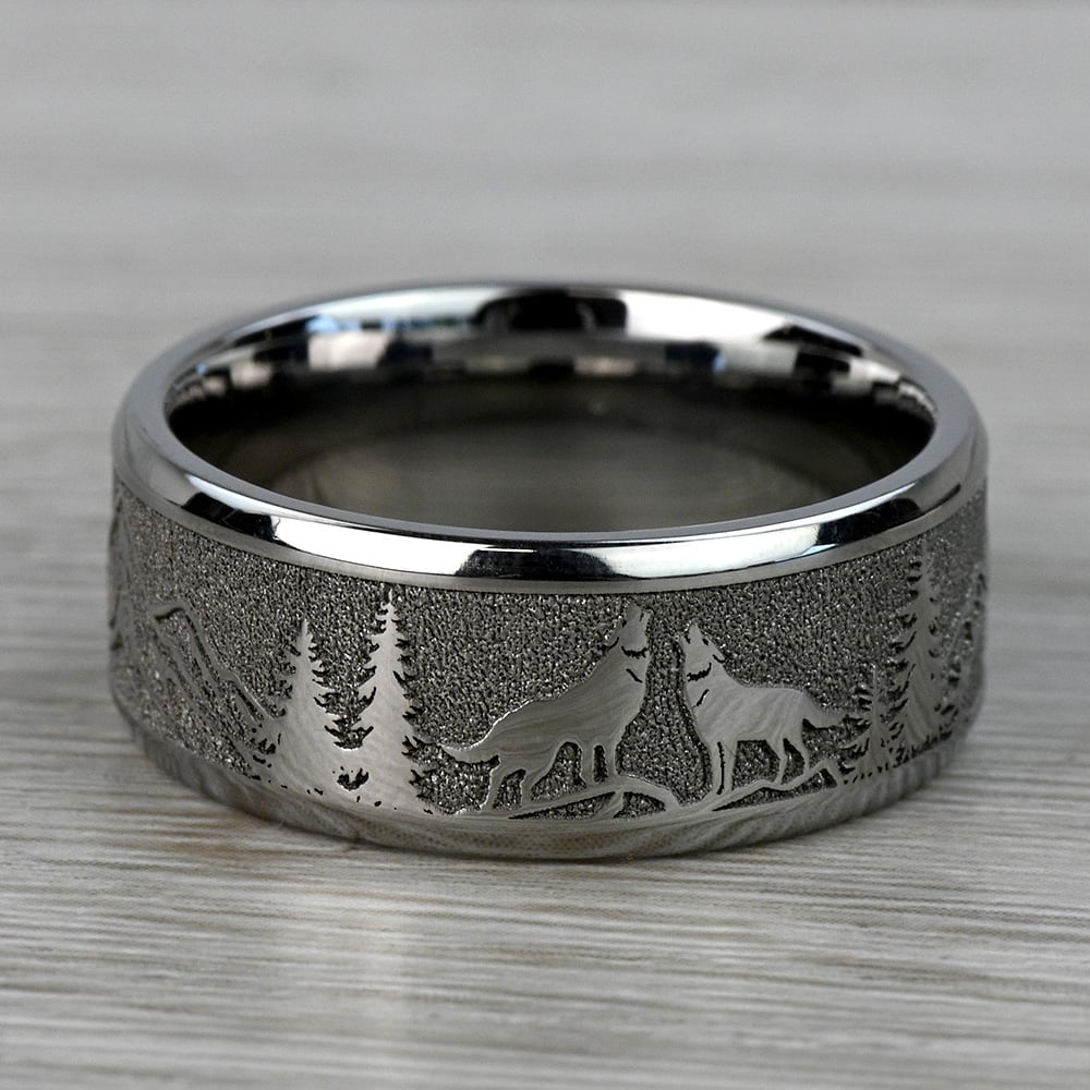 Howl - Wolf and Forest Pattern Mens Band in Titanium (9mm) | 04