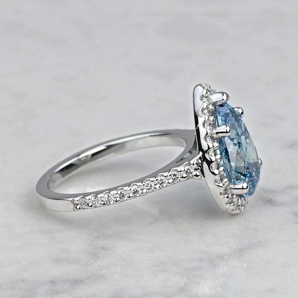 2.70 Carat Fancy Blue Lab Created Pear Halo Diamond Engagement Ring - small angle 3