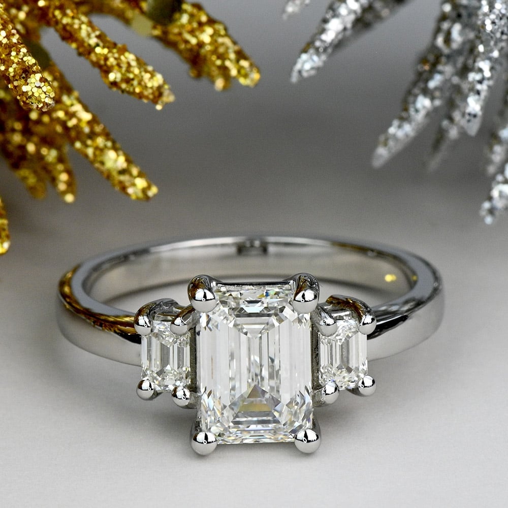 2 Carat Lab Grown Emerald Diamond 3 Stone Engagement Ring angle 5