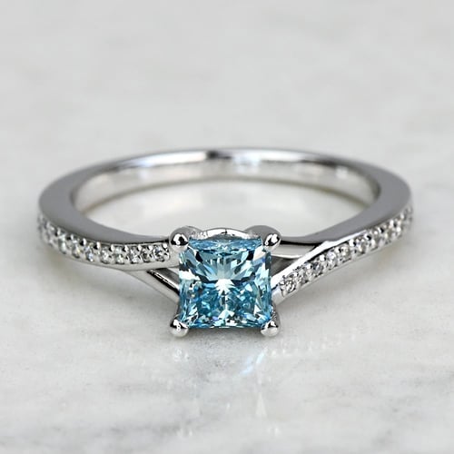0.80 Carat Fancy Blue Lab Created Princess Diamond Split Shank Engagement Ring