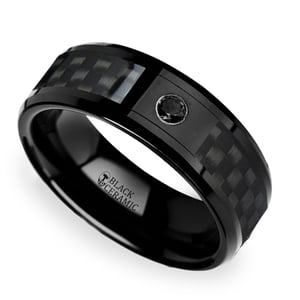 Black Ceramic Carbon Fiber Men's Ring with Black Diamond (8mm)