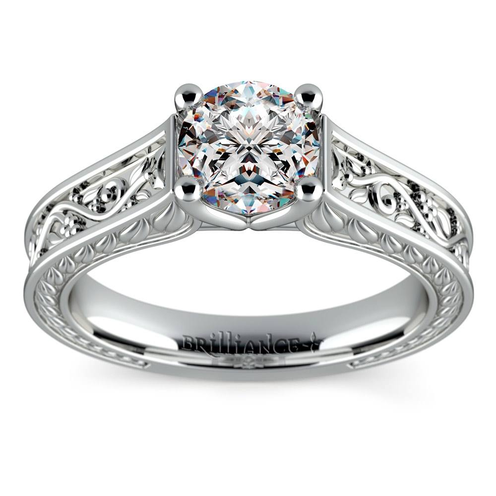 Antique Floral Solitaire Engagement Ring in White Gold | Zoom