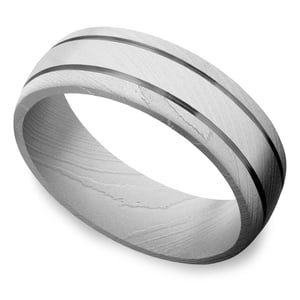 Bead Blasted Mens Damascus Steel Ring With Groove Details (7mm)