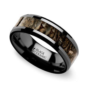 Beveled Dinosaur Bone Inlay Men's Wedding Ring in Black Ceramic (8mm)