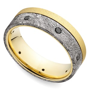 Gibeon Meteorite Ring With Black Diamonds In 18K Yellow Gold (8mm)