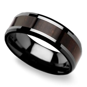 Black Ebony - Black Ceramic Mens Ring with Wood Inlay (8mm)