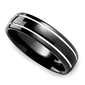 Black Domed Men's Wedding Ring with White Groove in Tungsten (6mm)