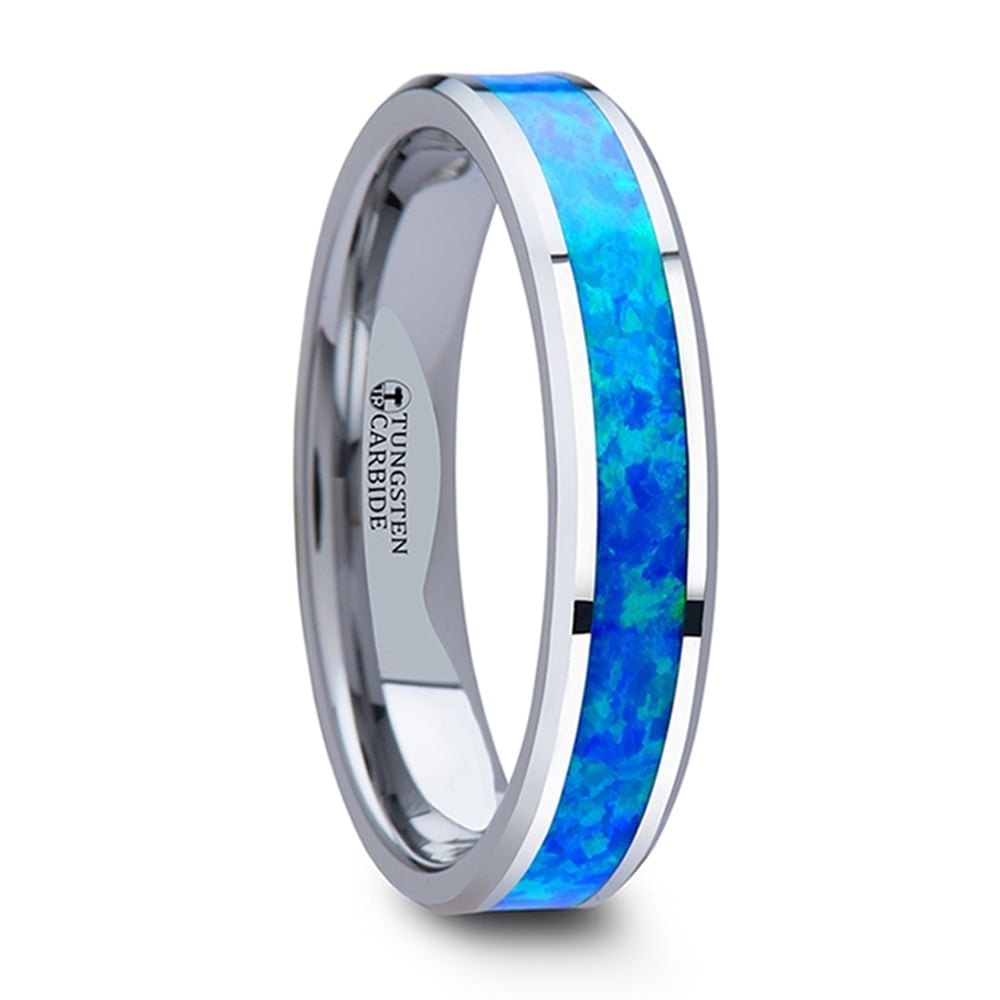 Blue Green Opal Inlay Tungsten Wedding Ring (4mm) | 02
