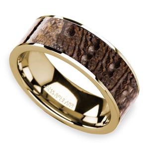 Brown Dinosaur Bone Inlay Men's Wedding Ring in 14K Yellow Gold (8mm)