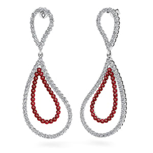 Ruby And Diamond Earrings In White Gold (Curved Dangle Design)