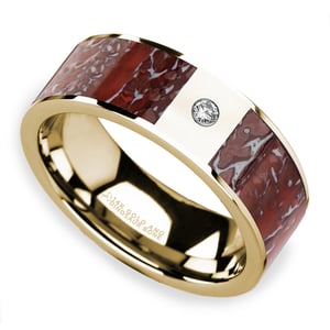 Red Dinosaur Bone Inlay Men's Wedding Ring with Diamond in 14K Yellow Gold (8mm)