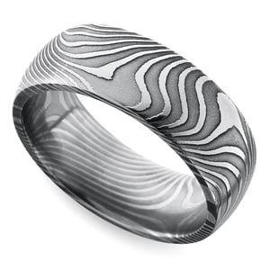 Zebra Pattern Mens Wedding Ring In Damascus Steel 