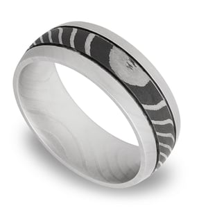 Domed Damascus Steel Mens Wedding Band With Two Accent Grooves
