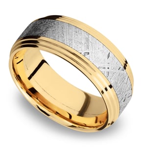 Saturn Rings - 14K Yellow Gold Double Stepped Mens Band with Meteorite Inlay (9mm)
