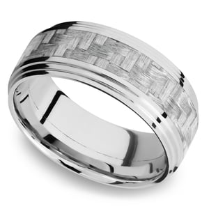 Mens White Gold And Silver Carbon Fiber Ring With Double Stepped Edges