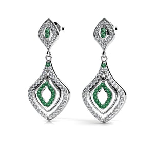 Vintage Inspired Diamond And Emerald Dangle Earrings In White Gold