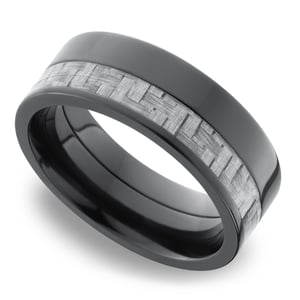Mens Black Zirconium Wedding Ring With Flat Carbon Fiber Inlay