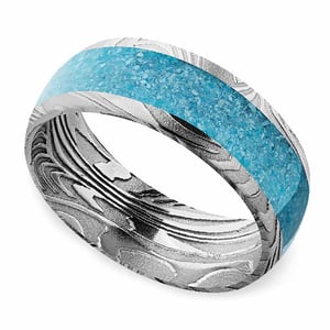 Mens Turquoise Wedding Band In Damascus Steel - Frozen River