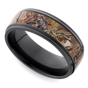 Mens Brown Camo Wedding Ring In Zirconium With Grooved Flat Edges