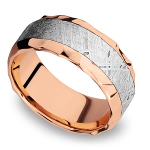 Daybreaker - Hammered 14K Rose Gold Mens Band with Meteorite Inlay (9mm)