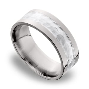 Hammered Sterling Silver Inlay Men's Wedding Ring in Titanium (9mm)