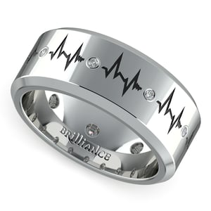 Mens Heartbeat Pattern Design Wedding Band In White Gold