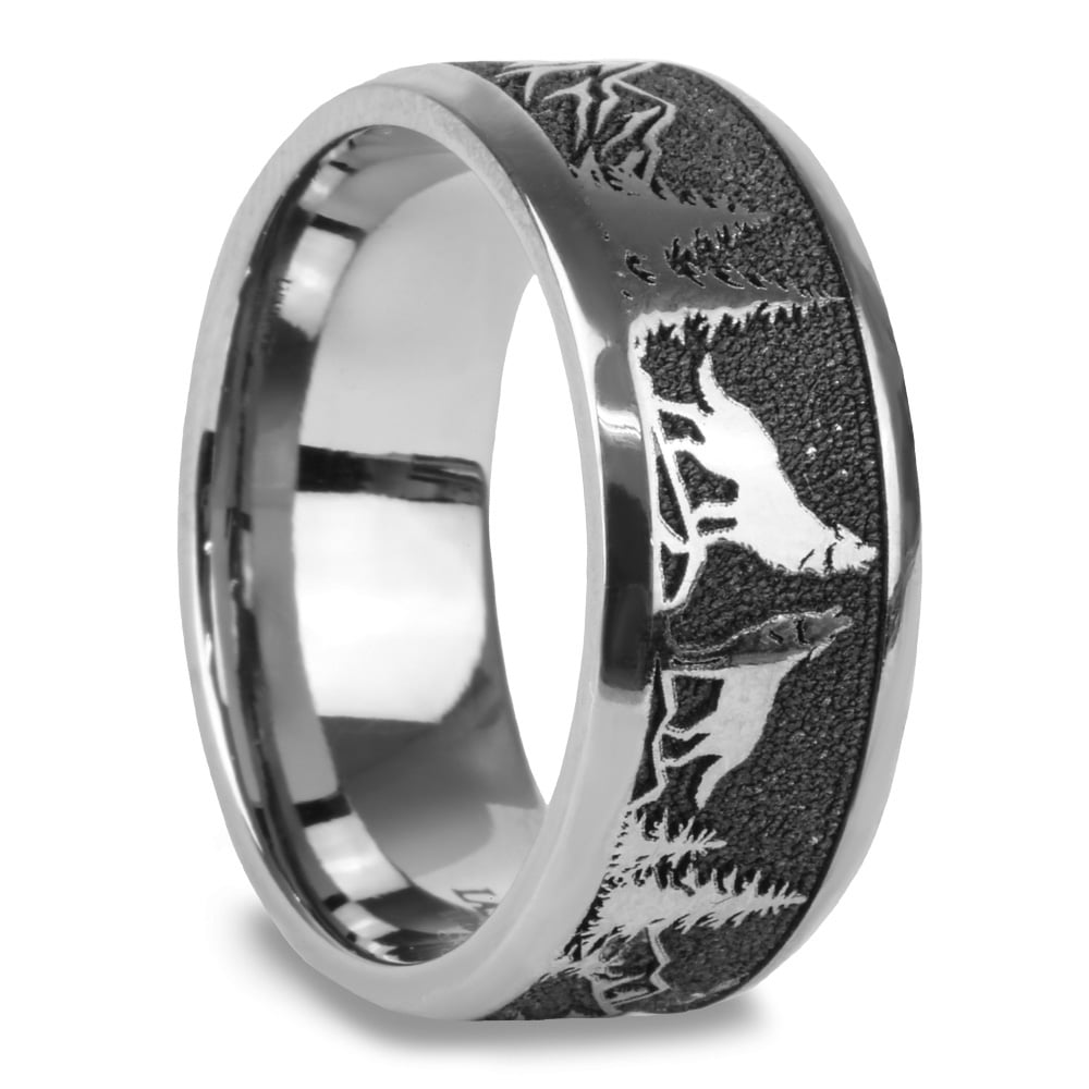 Howl - Wolf and Forest Pattern Mens Band in Titanium (9mm) | Thumbnail 02