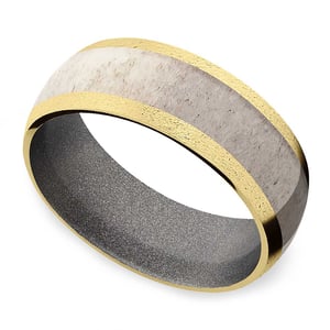 Gold Mens Wedding Band With Antler Inlay And Cerakote Sleeve - Huntsman