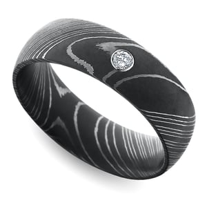 Mens Wedding Ring In Damascus Steel With Inset Diamond