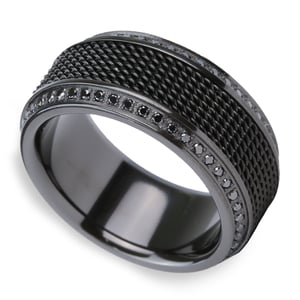 Mens Titanium Black Diamond Ring WIth Steel Chainmail Inlay 