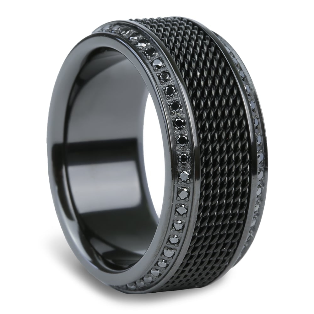 Mens Titanium Black Diamond Ring WIth Steel Chainmail Inlay  | 02