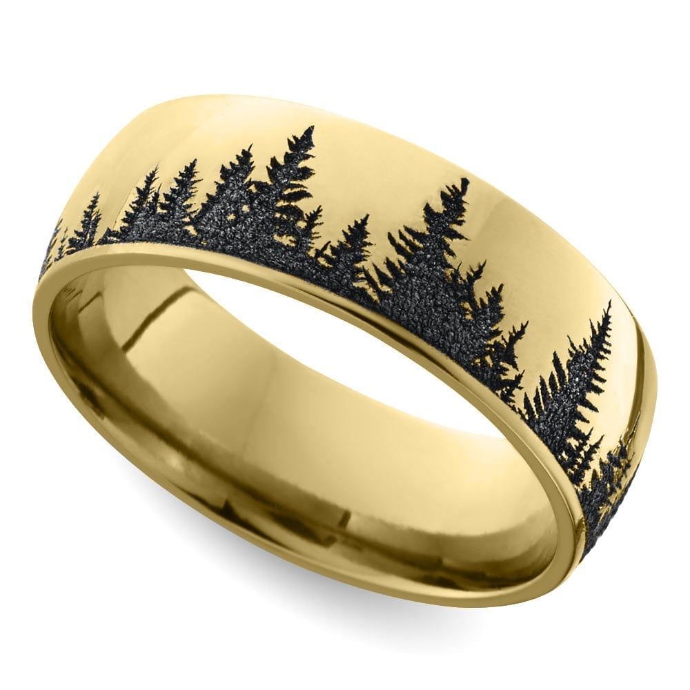Laser Carved Forest Pattern Mens Wedding Ring in Yellow Gold (7mm) | Zoom
