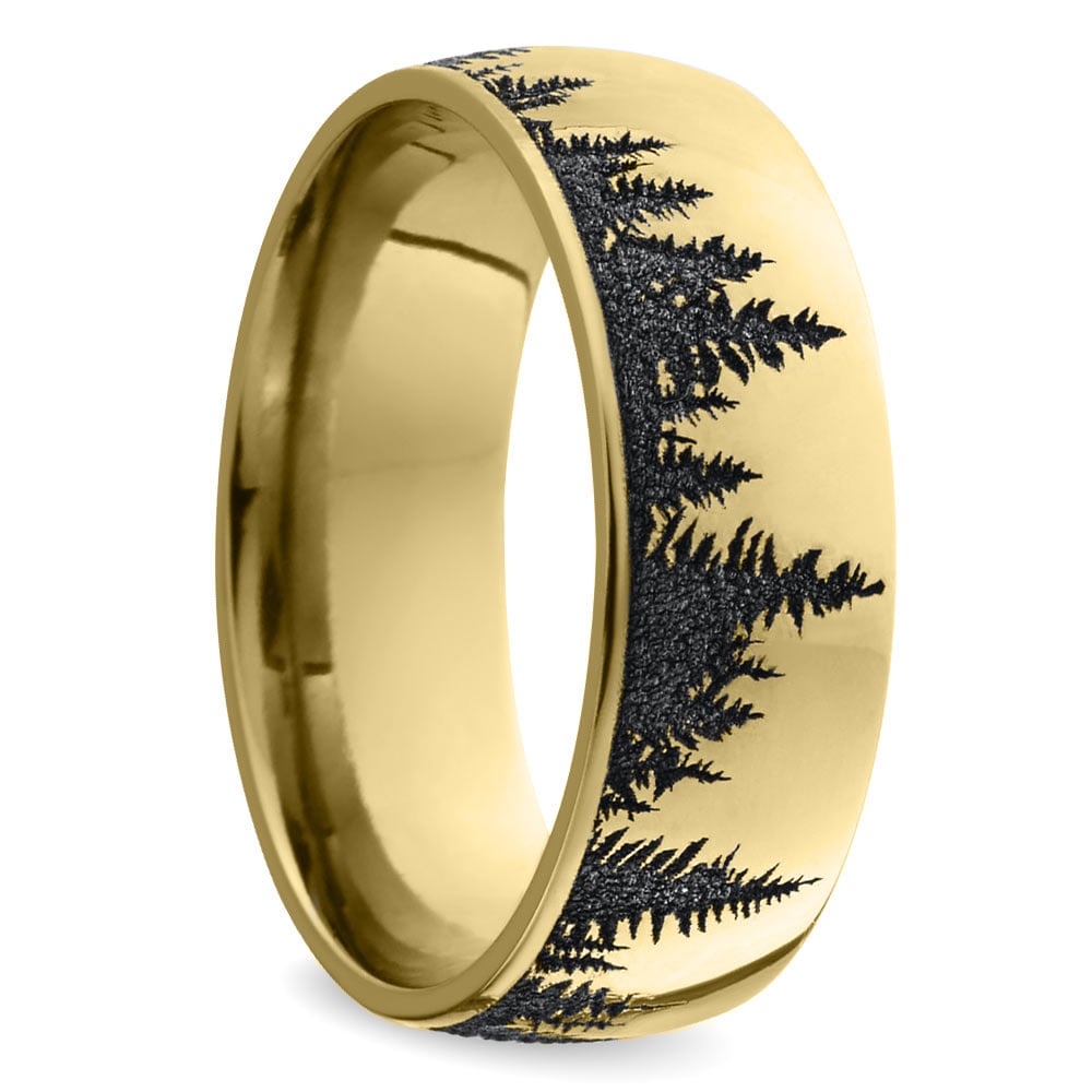 Laser Carved Forest Pattern Mens Wedding Ring in Yellow Gold (7mm) | Thumbnail 02