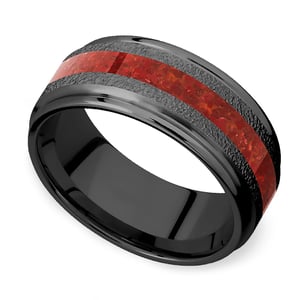 Lava Ring - Zirconium Mens Wedding Band With Red Coral Inlay