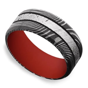 Mens Black And Red Wedding Band In Meteorite And Damascus Steel (9mm)