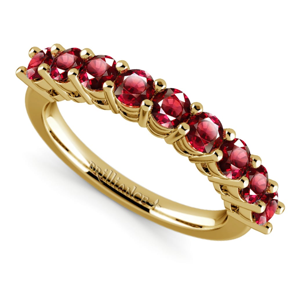 Yellow Gold Nine Ruby Stone Ring (14K or 18K Gold) | 01