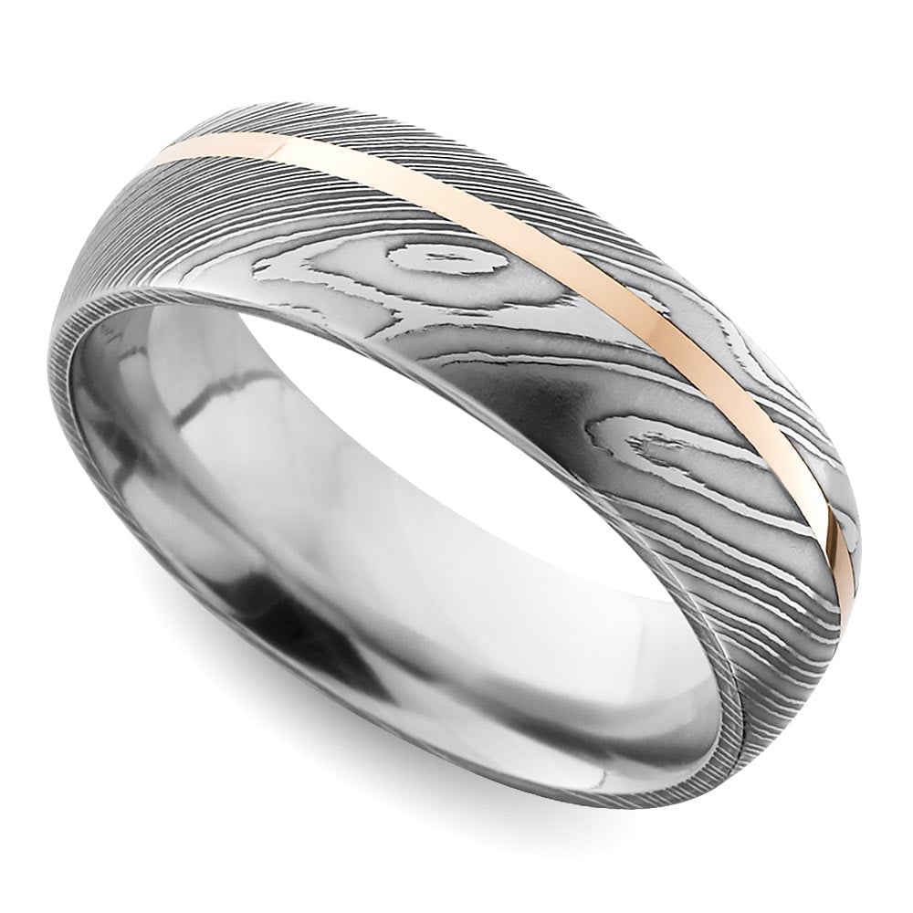 Offset Rose Inlay Domed Men's Wedding Ring in Damascus Steel (7mm) | 01