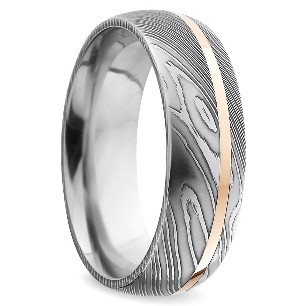 Offset Rose Inlay Domed Men's Wedding Ring in Damascus Steel (7mm) | 02