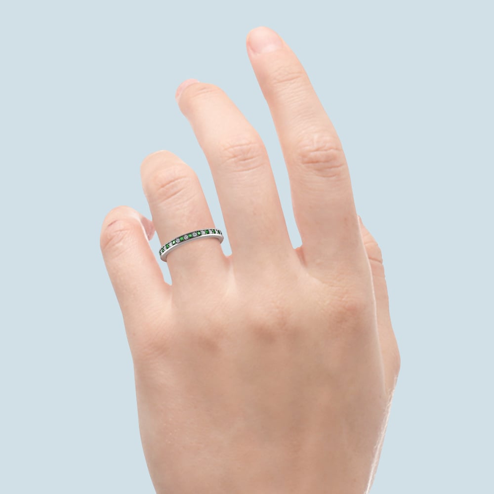 Pave Diamond And Emerald Wedding Ring in White Gold | 06