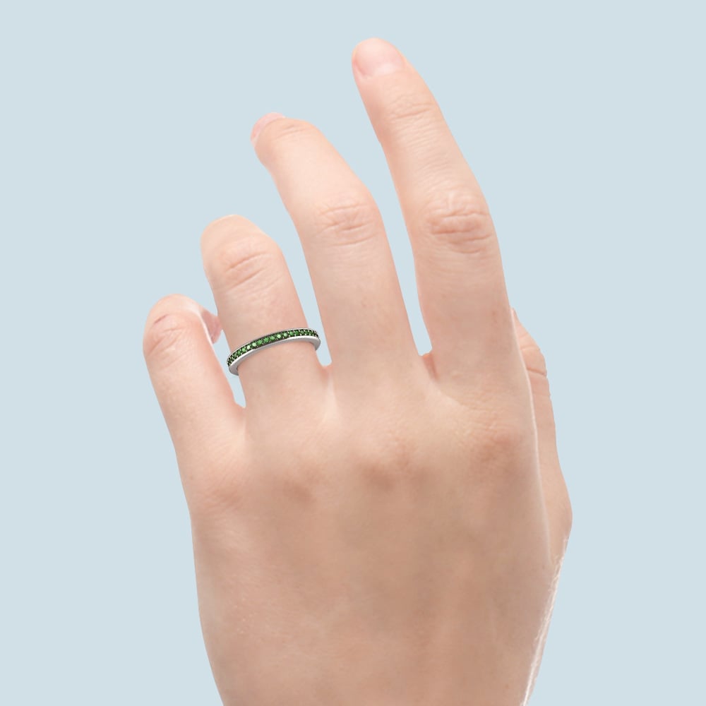 Pave Set Emerald Gemstone Stacking Ring In White Gold | 06
