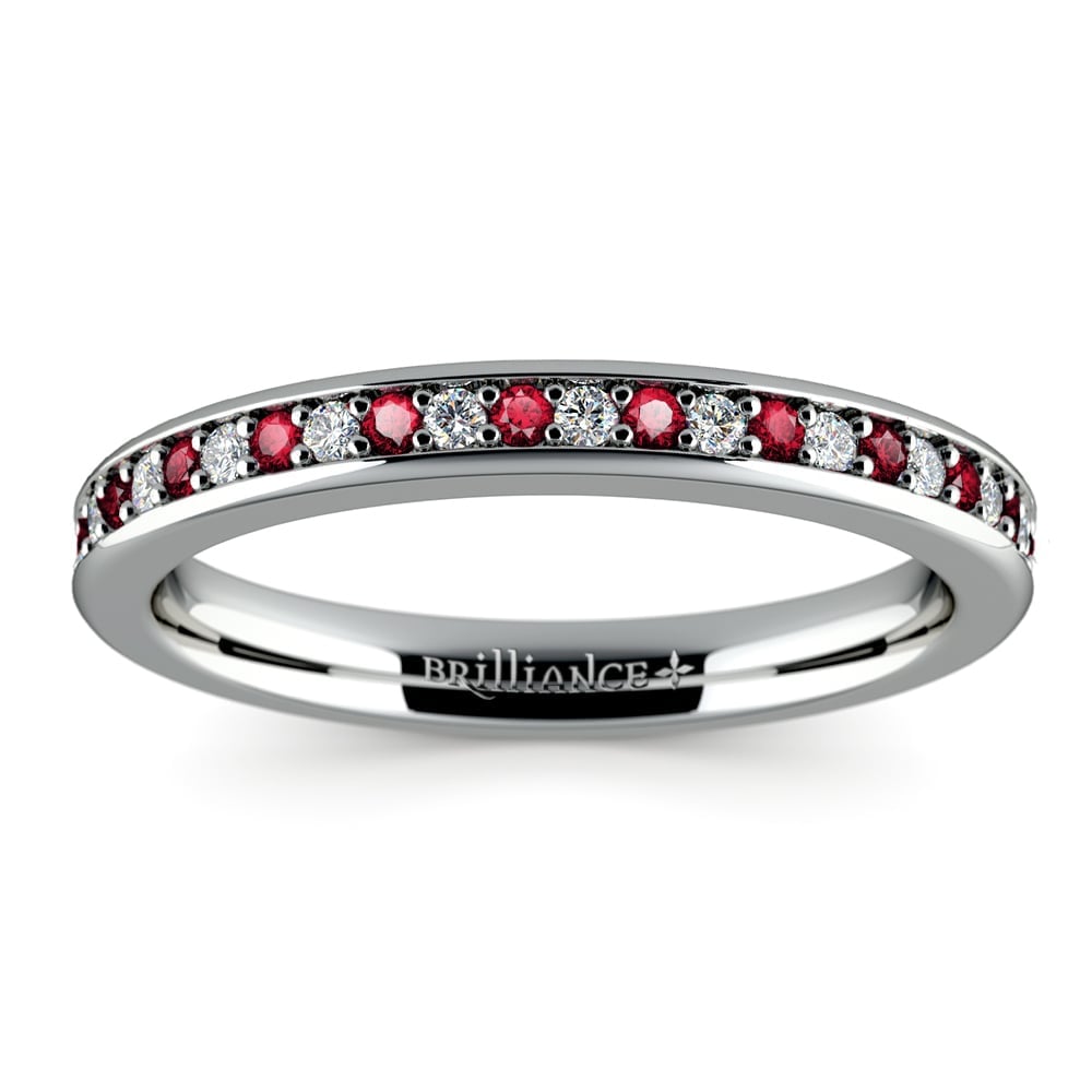 Pave Set Ruby & Diamond Wedding Band In White Gold | 02