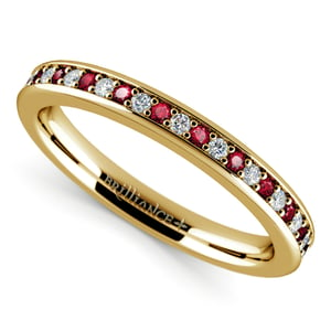 Pave Diamond & Ruby Wedding Ring in Yellow Gold