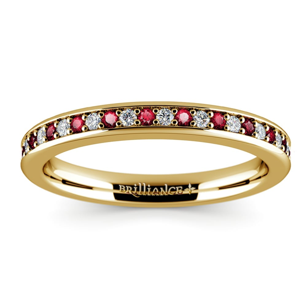 Pave Diamond & Ruby Wedding Ring in Yellow Gold | 02