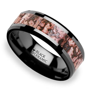 Mens Pink Dinosaur Bone Wedding Ring In Black Ceramic